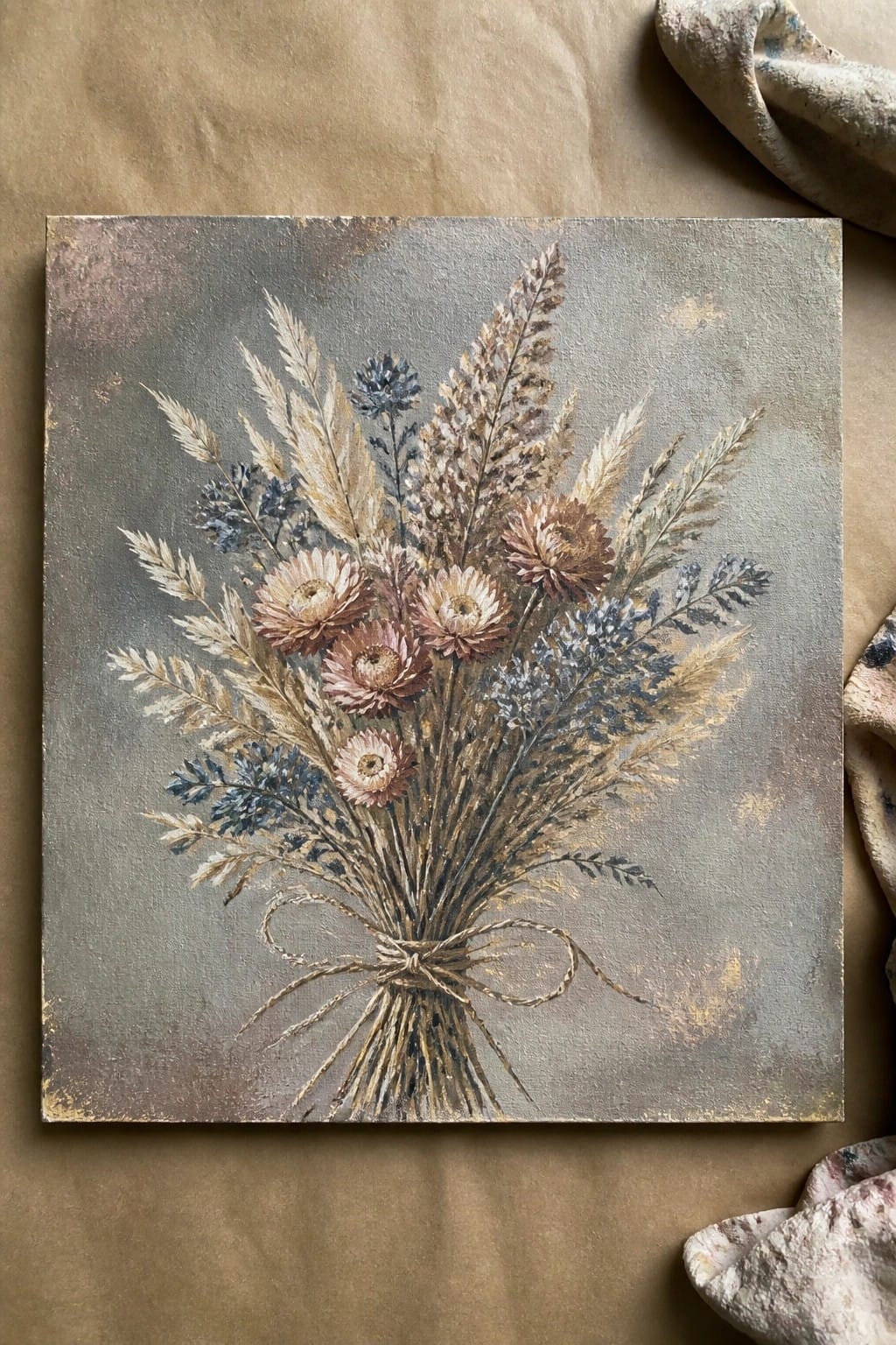 An oil painting of a bouquet of dried flowers and grasses tied with twine against a textured gray background.