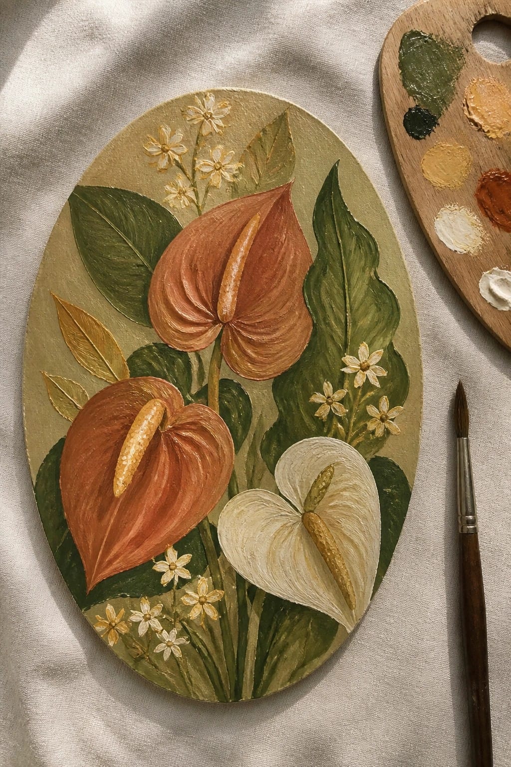 Oval painting of red and white anthuriums with green leaves, palette and brush nearby.