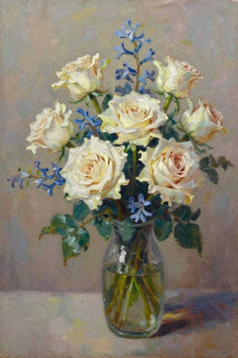 Still life of white roses and blue flowers in a glass vase with water