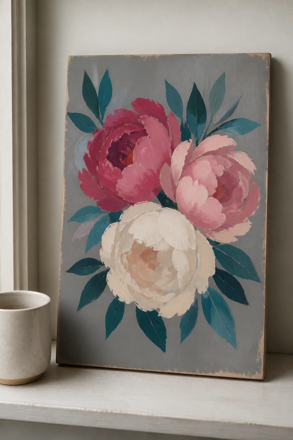 Pink and white peony painting with teal leaves on gray canvas beside cup