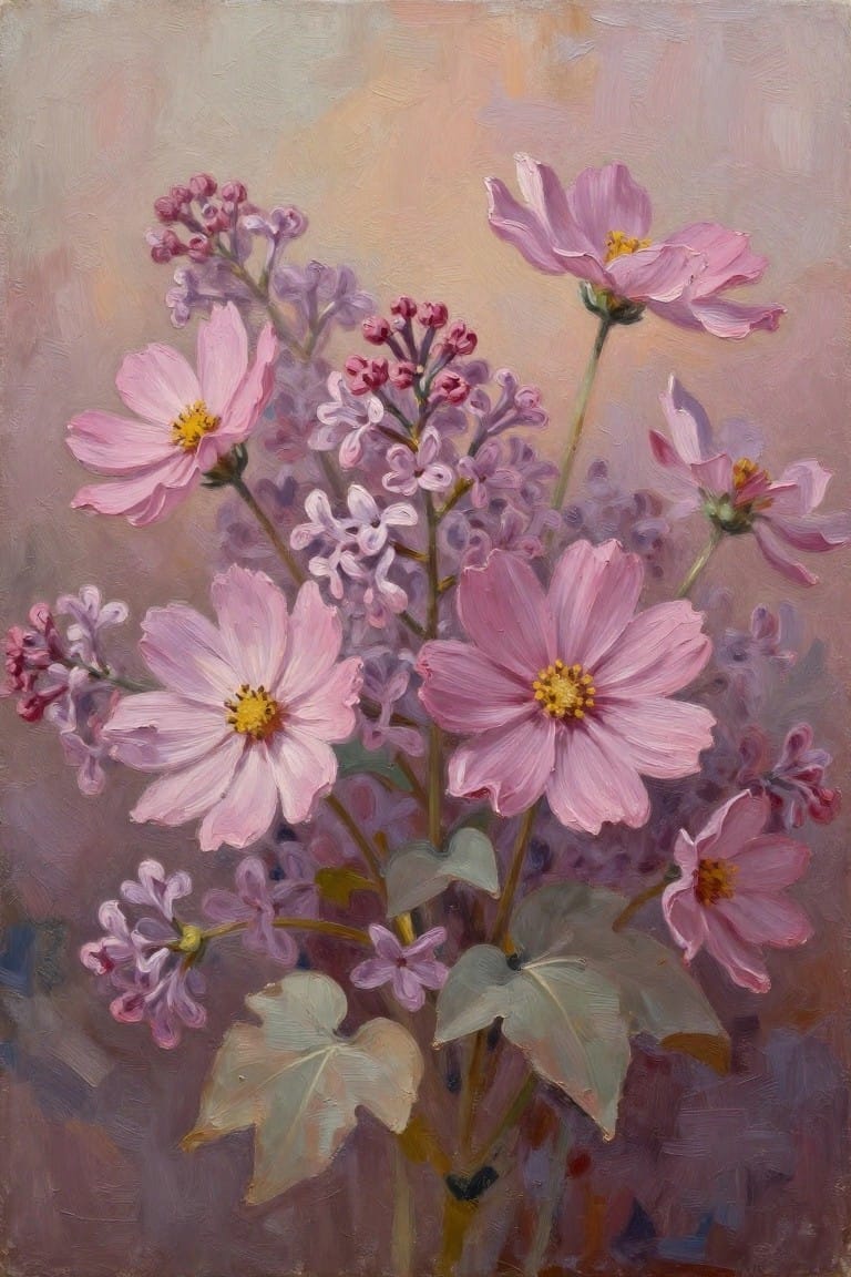 Pink cosmos flowers with yellow centers amid purple blooms and green leaves in oil painting