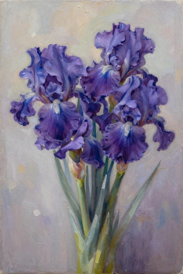 Oil painting of ruffled purple irises with blue accents and green stems