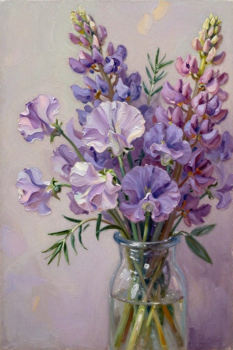 Purple sweet peas in a clear glass vase with water