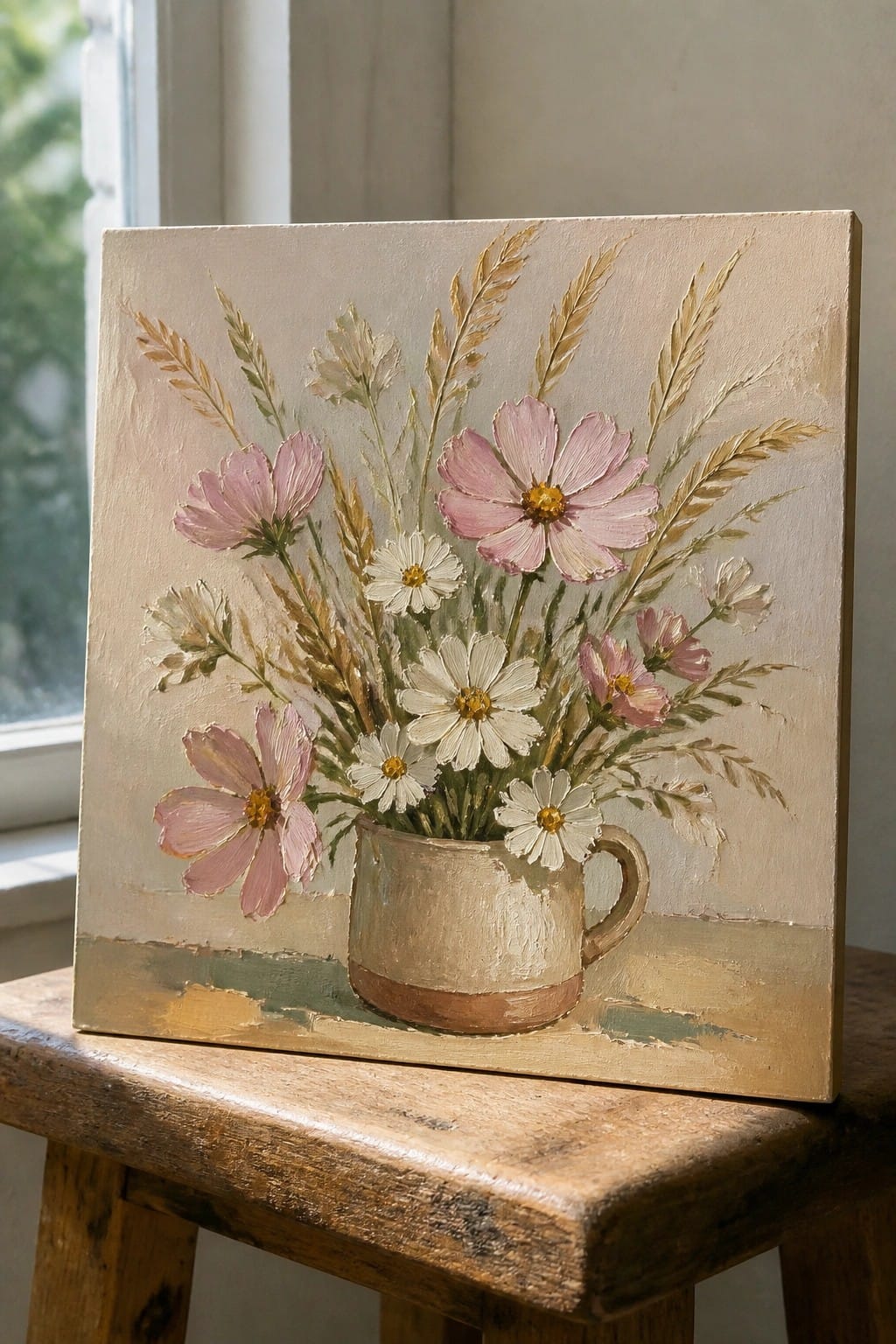 Oil painting of pink cosmos and white daisies in a mug on wooden stool