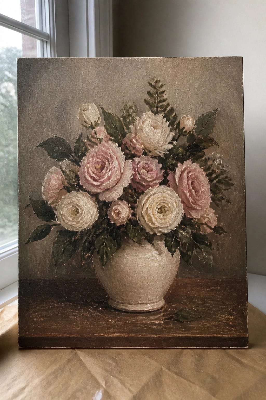 Still-life painting of pink and white roses in a white vase on wood.