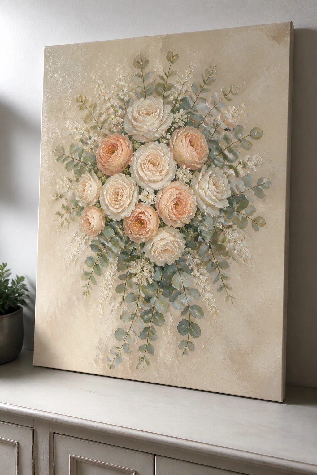 Canvas painting of white and peach roses with eucalyptus on beige background