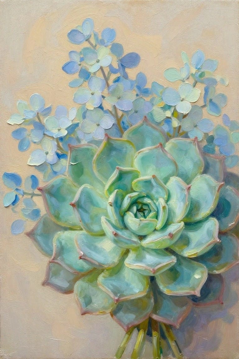 Teal succulent with layered leaves amid clusters of blue flowers in oil painting style