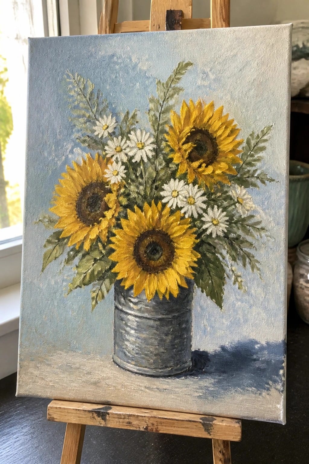 Sunflowers and daisies in a metal can on a wooden easel with blue backdrop