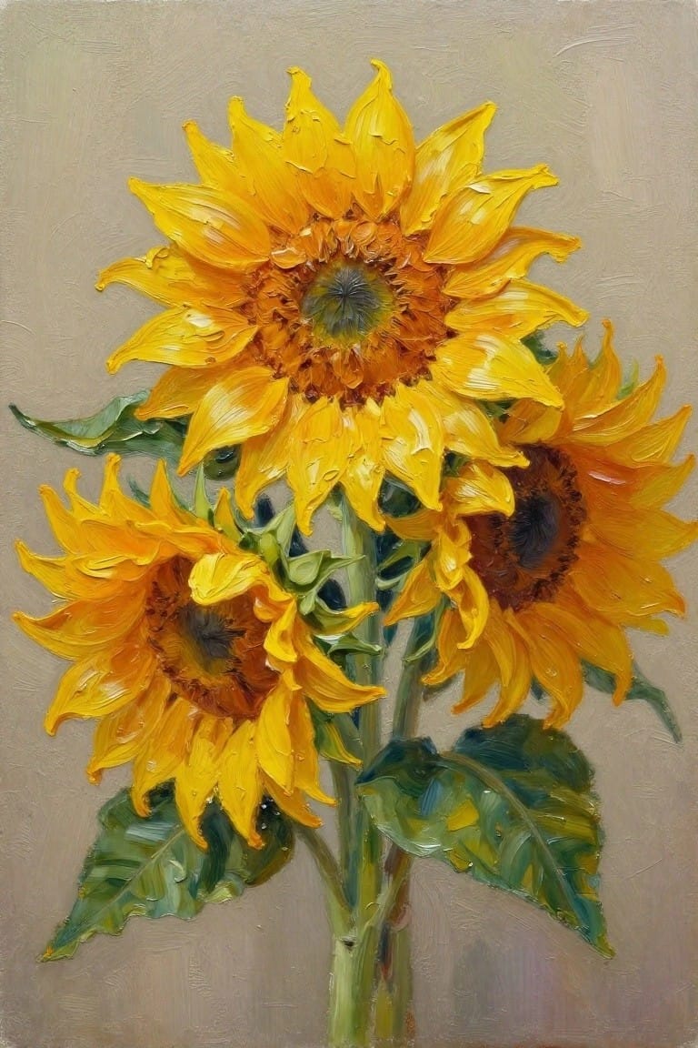 Impasto oil painting of three yellow sunflowers with green leaves on neutral background.