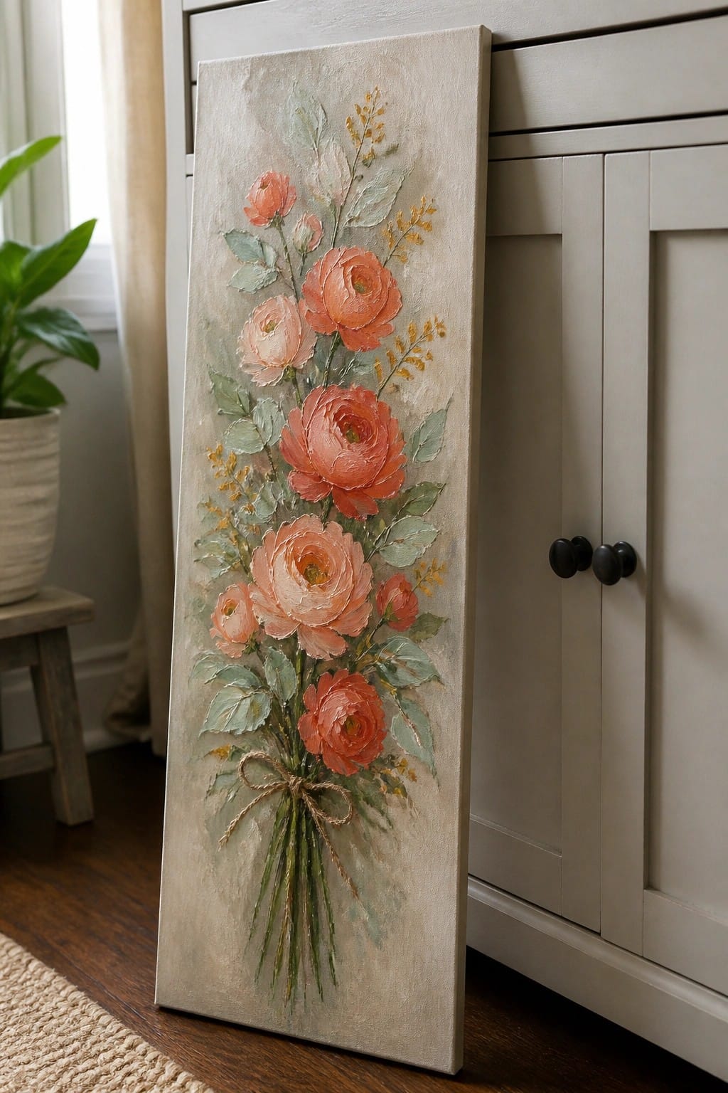 Textured painting of coral roses bouquet with twine bow against cabinet