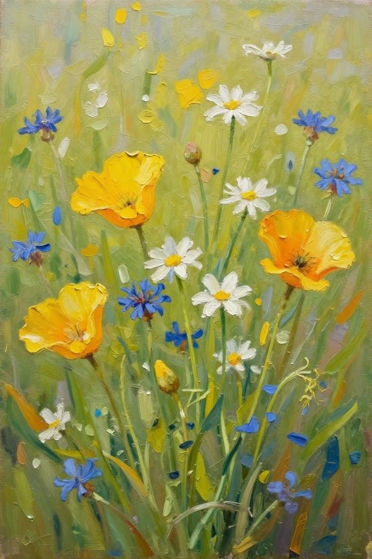 Vivid oil painting of yellow poppies, white daisies, and blue cornflowers in a meadow