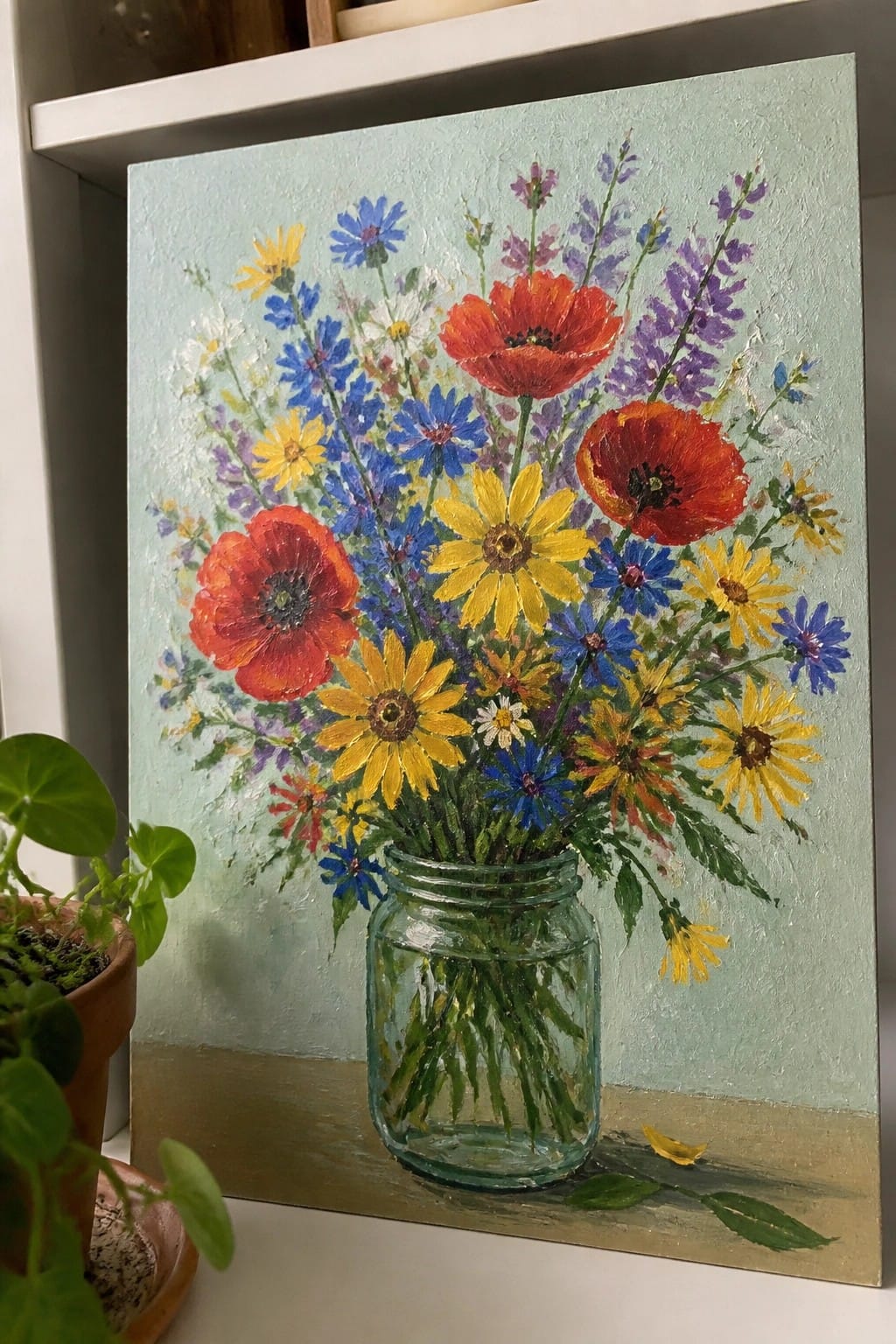 Vibrant bouquet of red poppies, yellow daisies, and blue flowers in a glass jar.