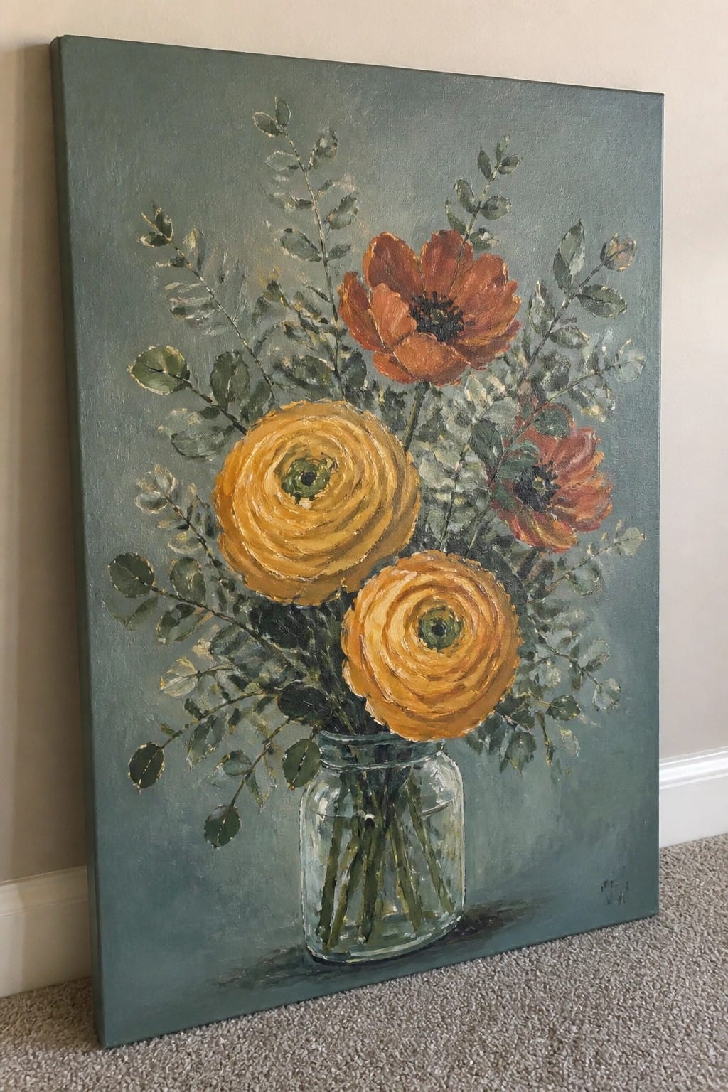 Painting of yellow ranunculus and orange poppies in glass jar on teal background