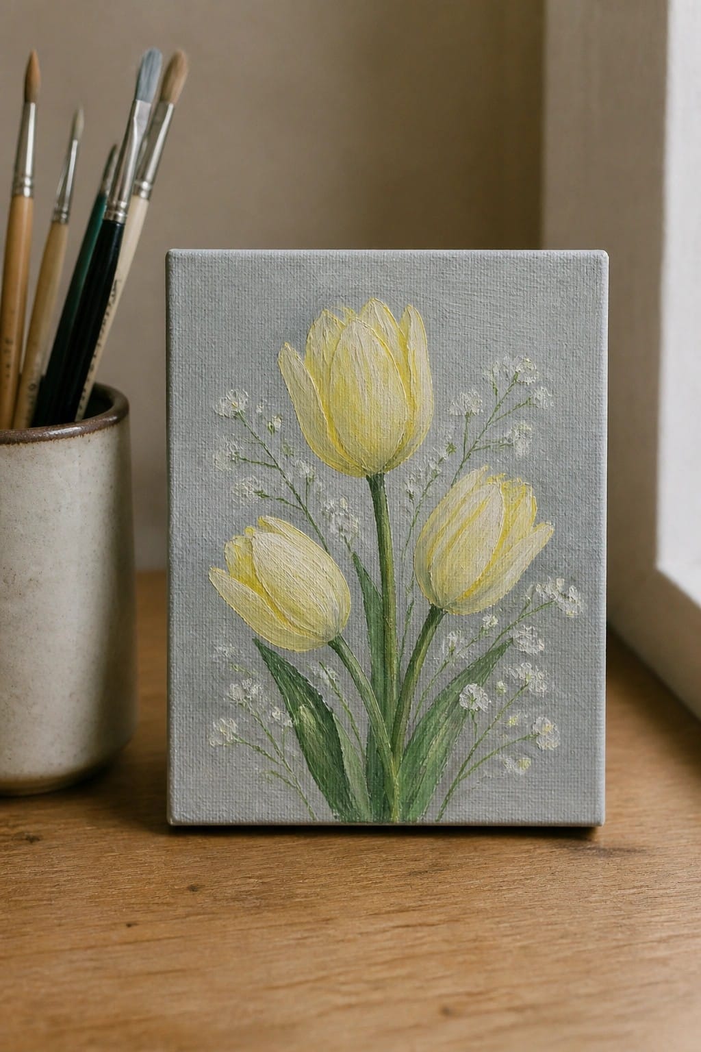 Small canvas painting of three yellow tulips and white filler flowers on gray background, sitting on wood beside a cup of brushes.