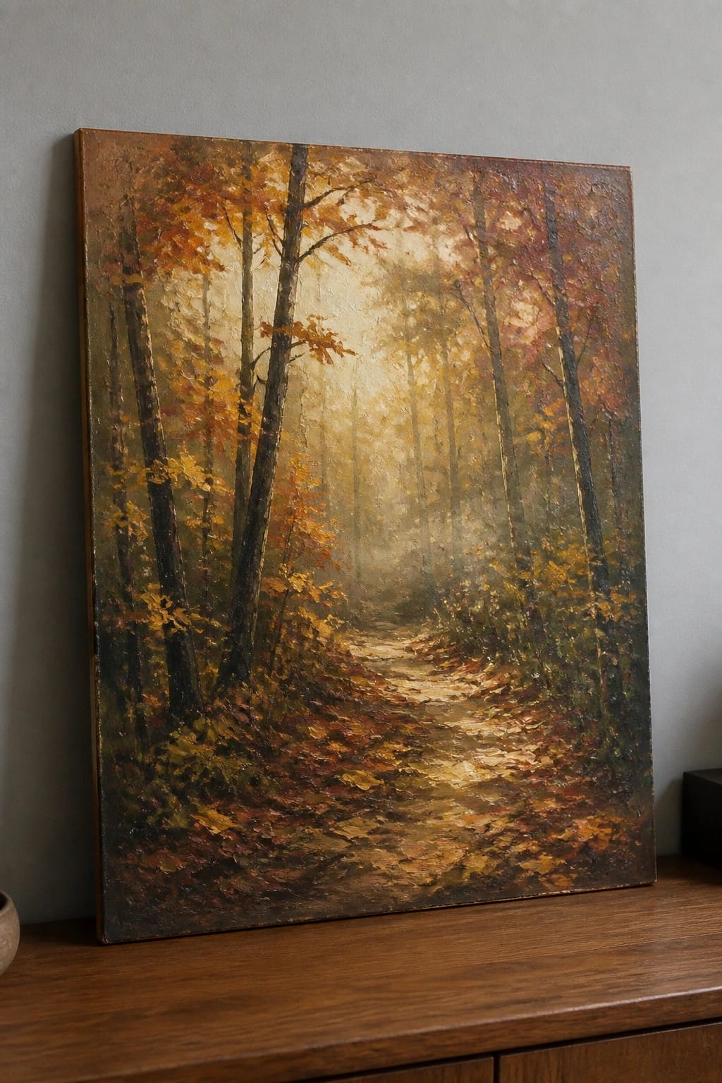 Misty autumn forest painting with winding path amid trees with orange leaves