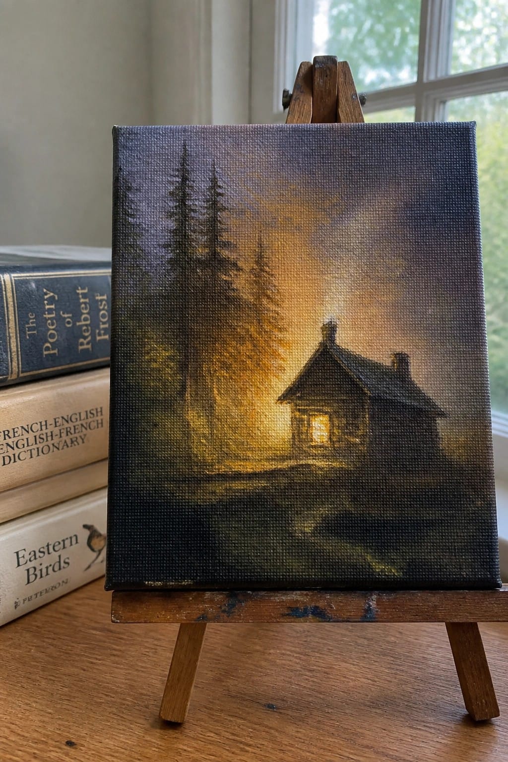 Miniature easel painting of glowing cabin in misty pine forest at dusk