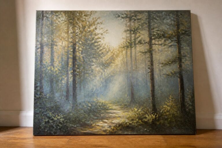 Misty forest path with golden sunlight rays piercing tall trees on canvas
