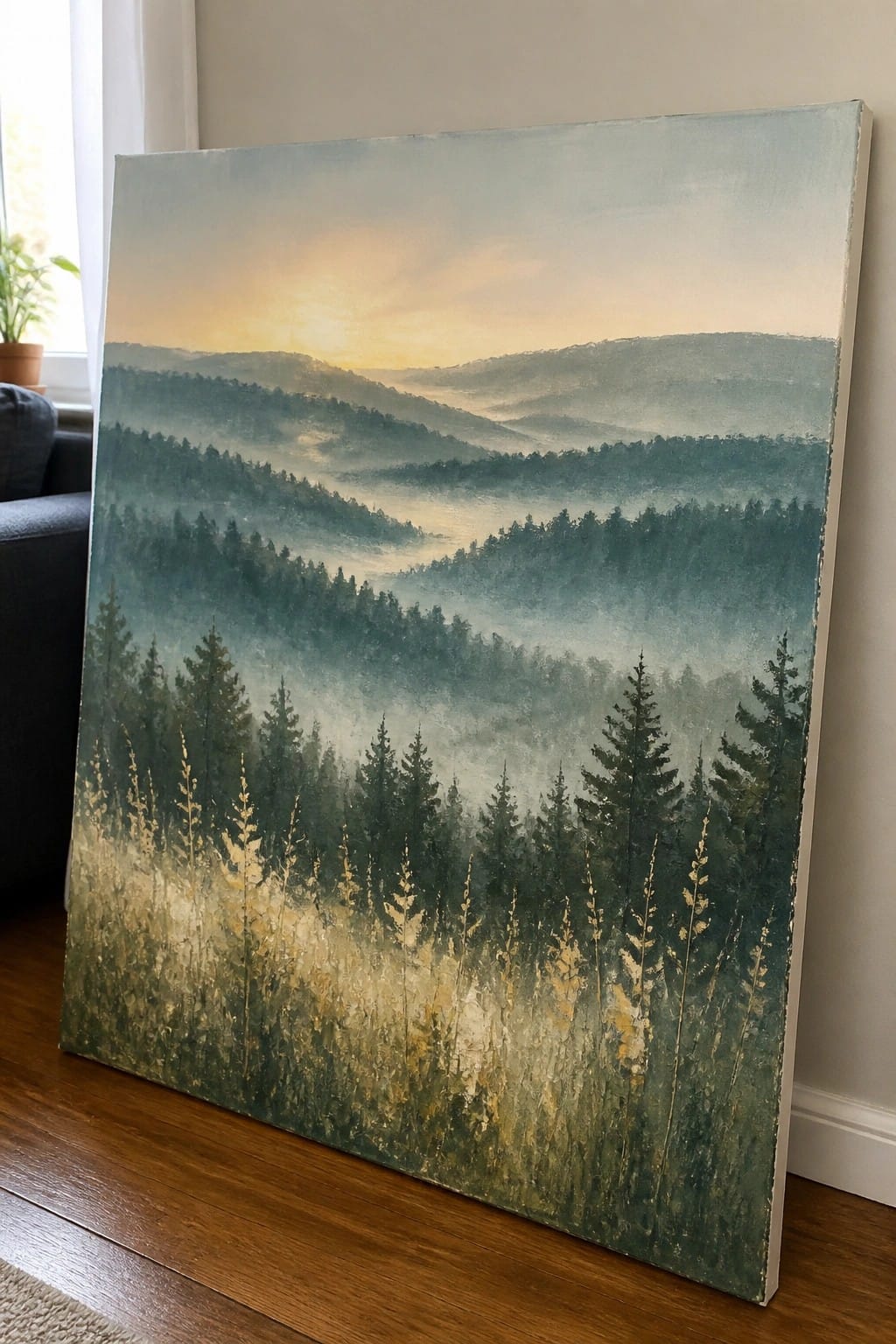 Misty pine forest landscape painting with golden sunrise hues leaning on wooden floor