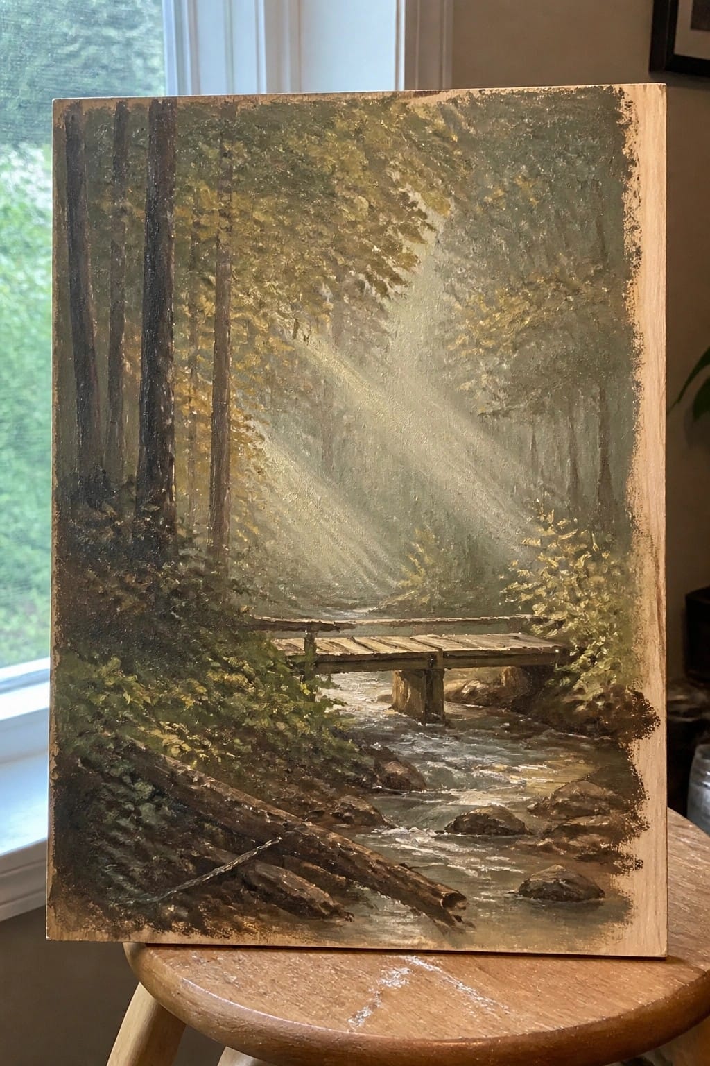 Oil painting of sunlit forest stream with wooden bridge, rocks, and tall trees