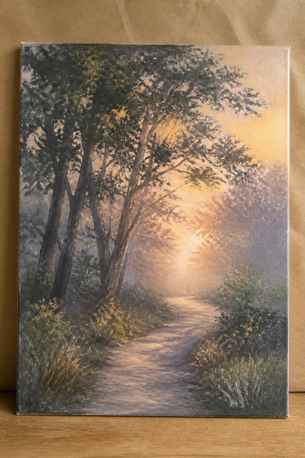 Oil painting of a sunlit misty path through tall forest trees with distant figure.