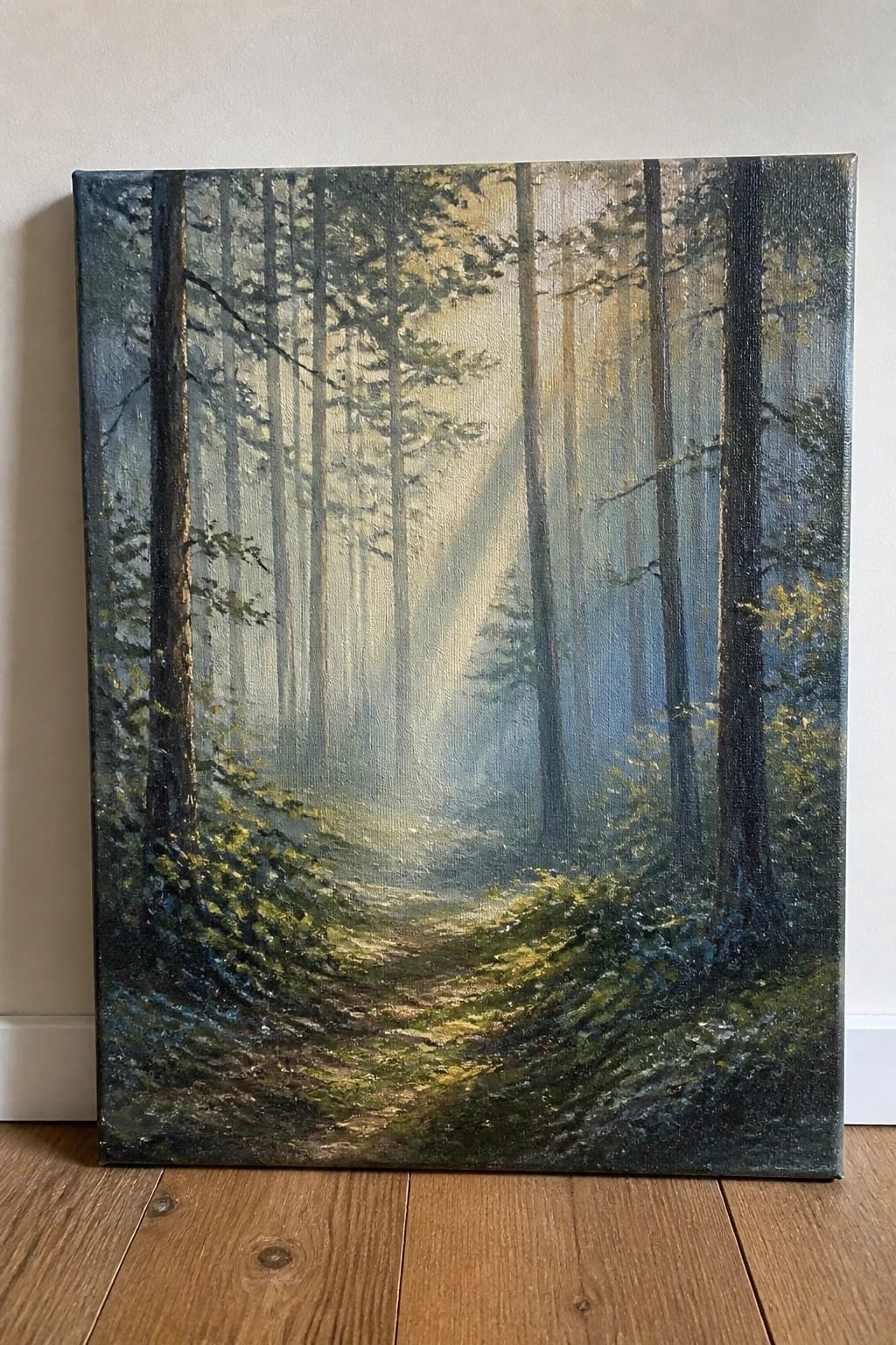 Misty forest path with golden sunlight rays piercing tall trees on canvas