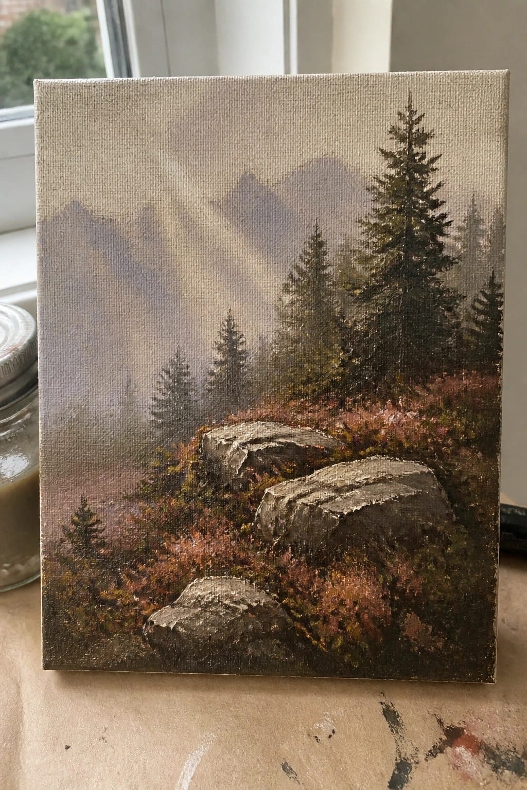 Misty mountain landscape on canvas with pine trees, rocks, and autumn foliage