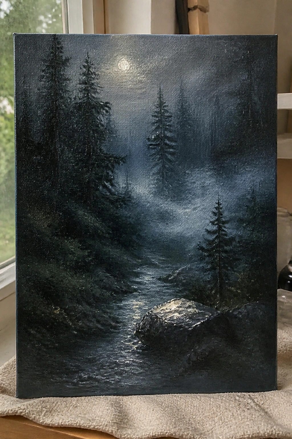 An oil painting of a misty forest river at night with a full moon, pine trees, and a rock in the water.