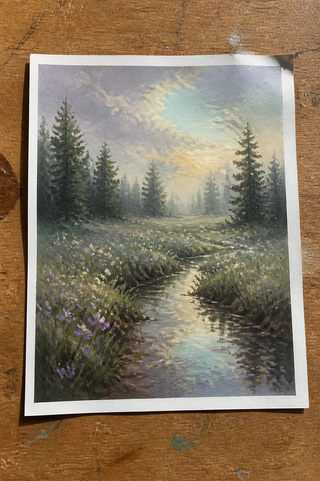 Winding stream through purple wildflower meadow with tall pines under pastel sky
