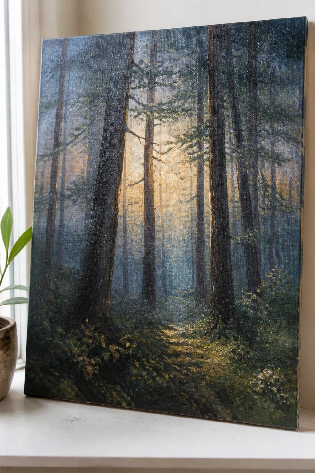 Oil painting of sunlit misty forest with tall trees on windowsill beside potted plant