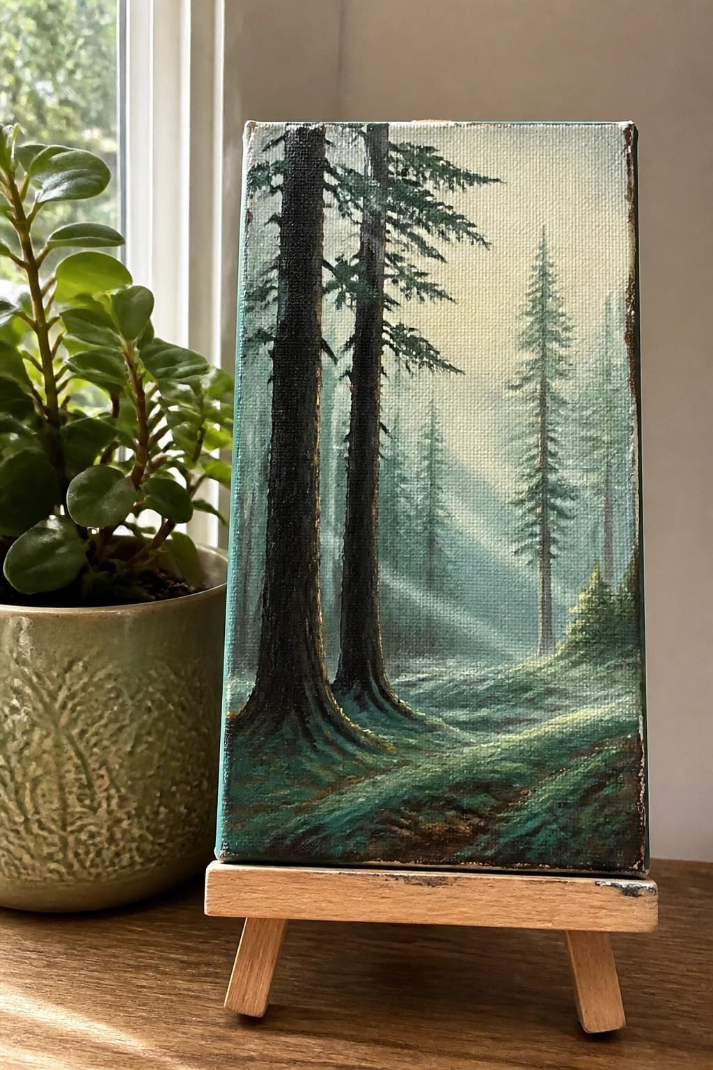 Miniature canvas painting of misty pine forest on wooden easel beside potted plant.