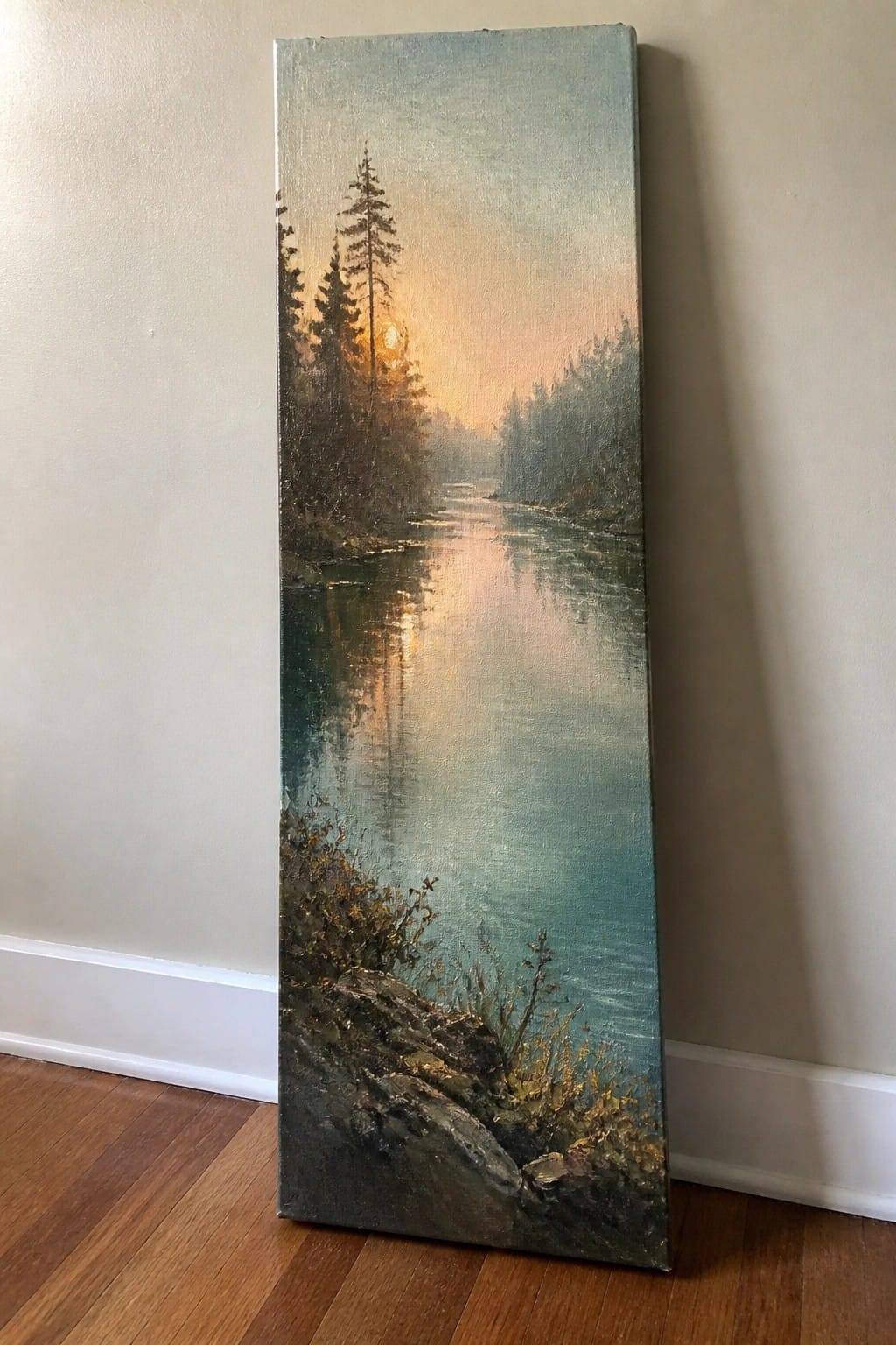 Tall vertical painting of misty river at sunset with pine trees and reflections