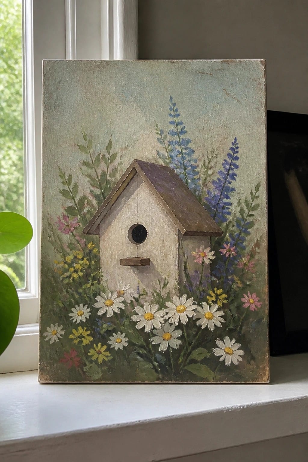 White birdhouse amid daisies and colorful wildflowers on a windowsill