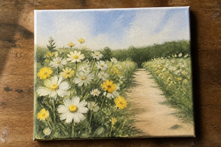 20 Easy Garden Oil Painting Ideas for Beginners Practicing Floral Landscapes Oil painting of a dirt path lined with white and yellow daisies under a blue sky.