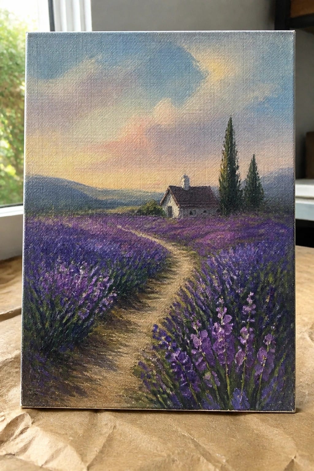 Oil painting of winding path through purple lavender fields to house and trees.