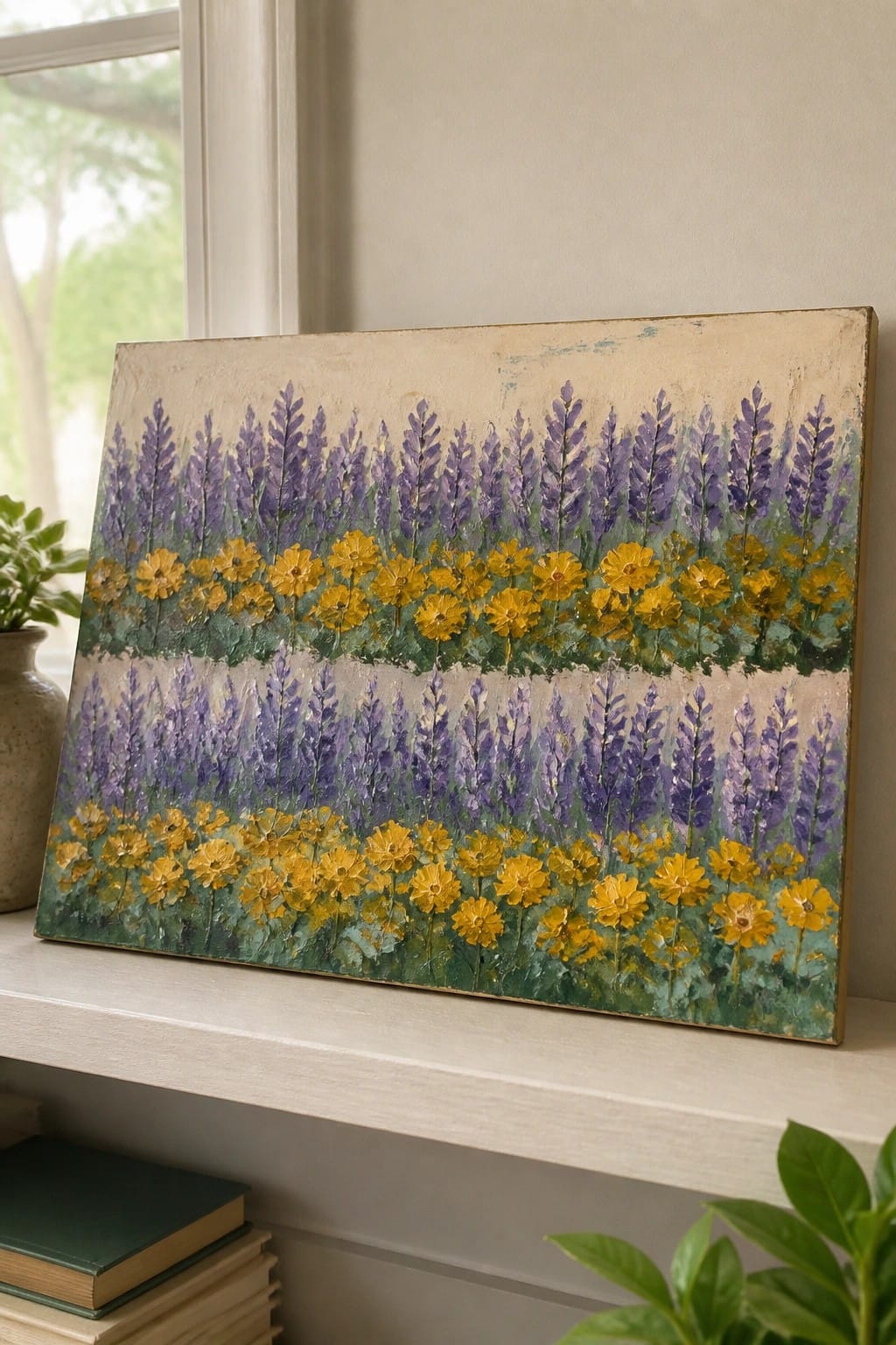 Textured painting of layered purple lavender spikes above yellow blooms on beige.