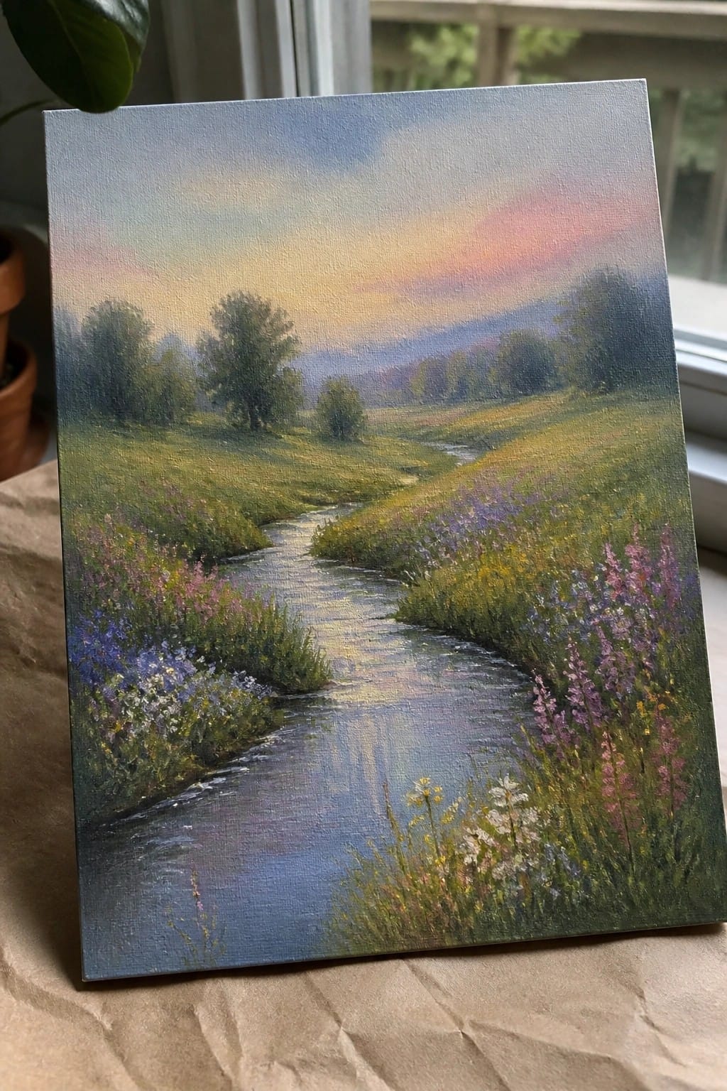 An oil painting of a winding blue stream flowing through green meadows filled with colorful wildflowers under a pink and orange sunset sky, with trees and hills in the background.