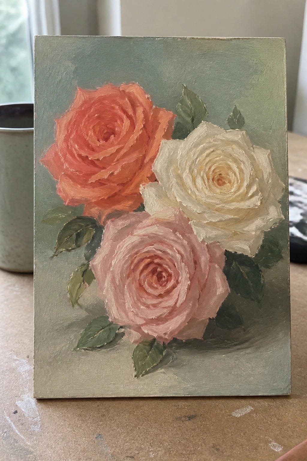 Oil painting of coral, white, and pink roses with green leaves on canvas