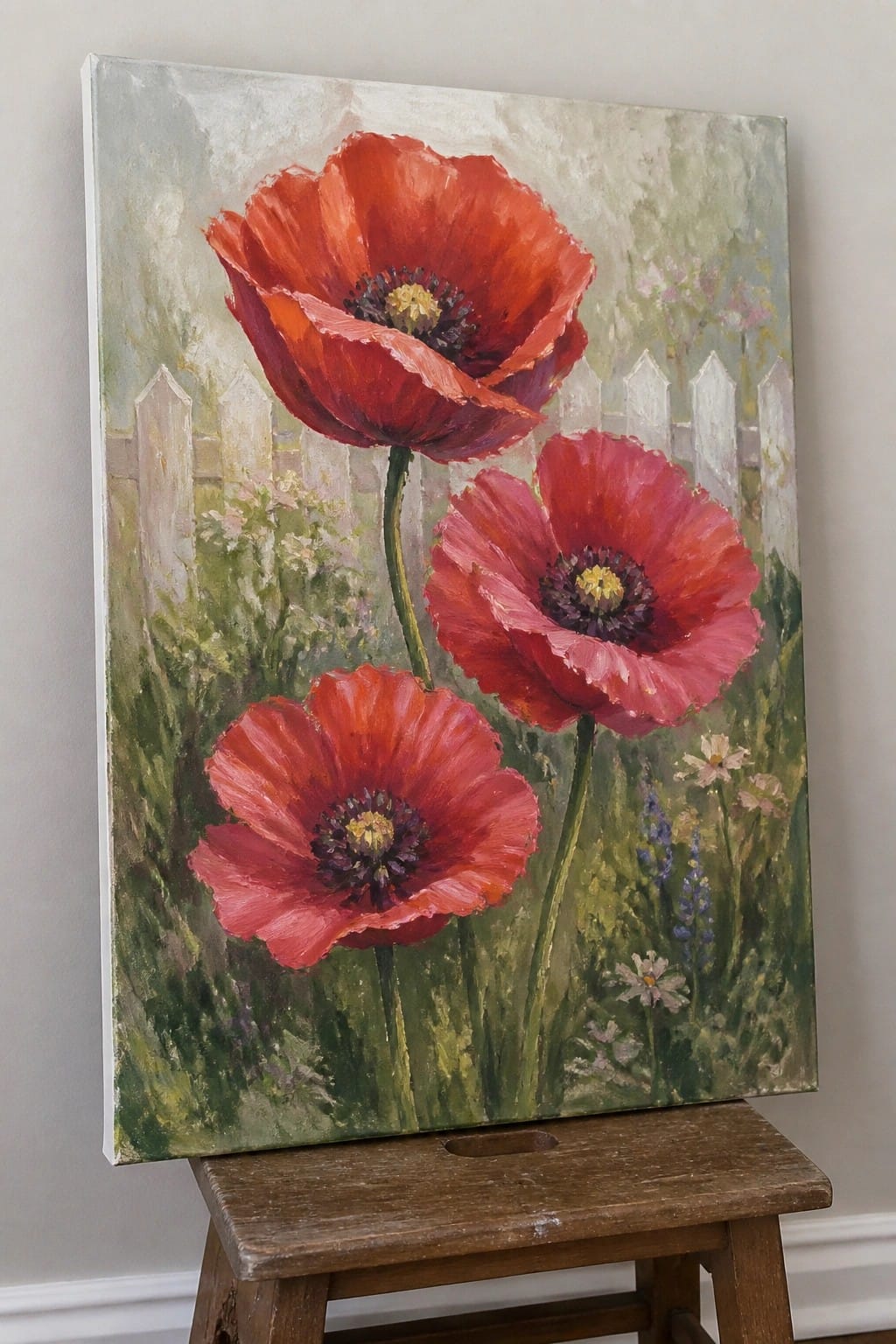 Oil painting of three red poppies with green stems in front of a white picket fence and garden foliage.