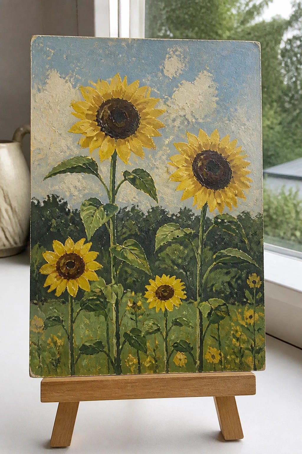 Yellow sunflowers painted on wooden board displayed on small easel by window