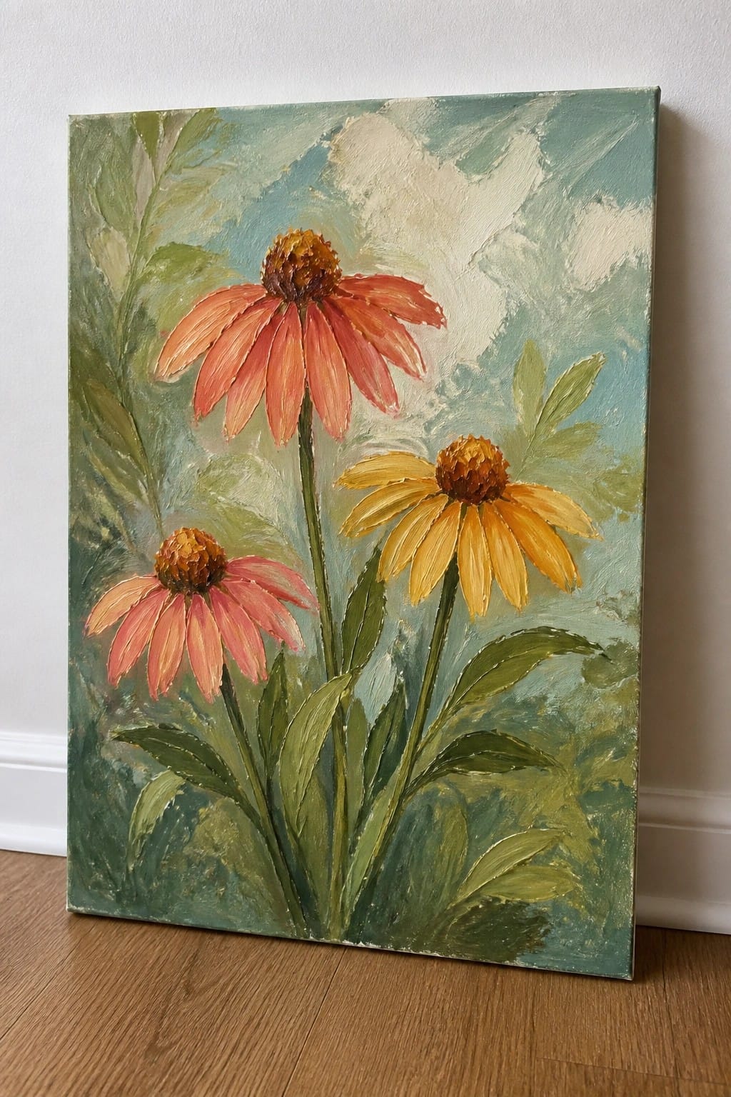 Painting of three pink and yellow flowers with green leaves on a blue-green background