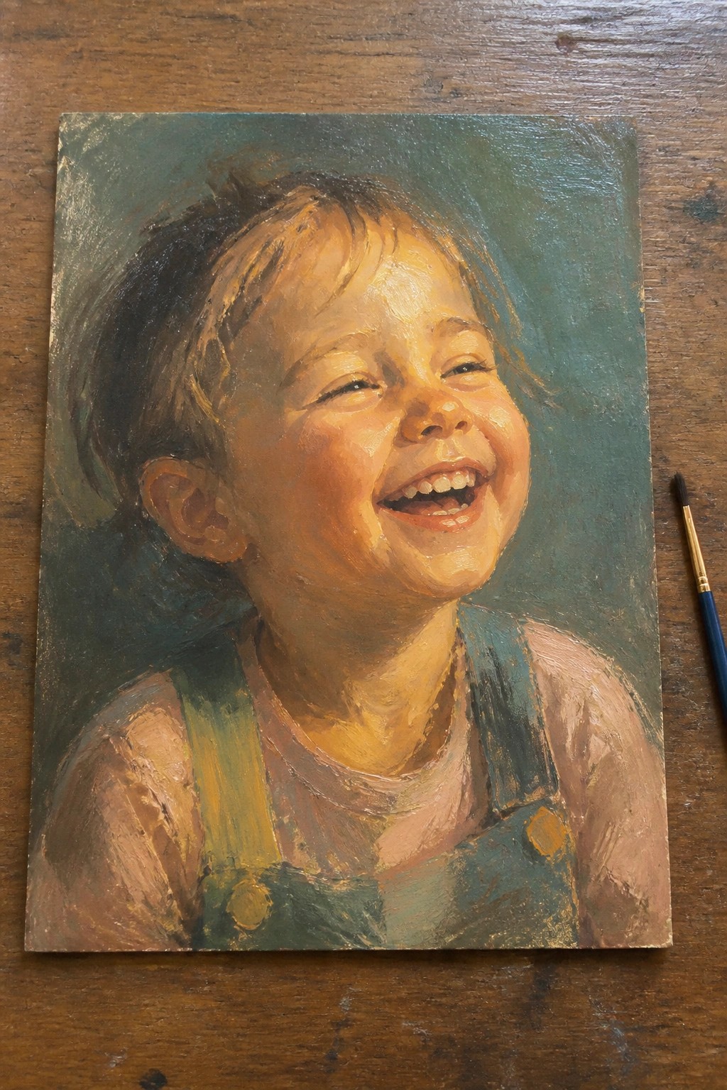 Oil painting of laughing child in blue overalls on wood beside paintbrush
