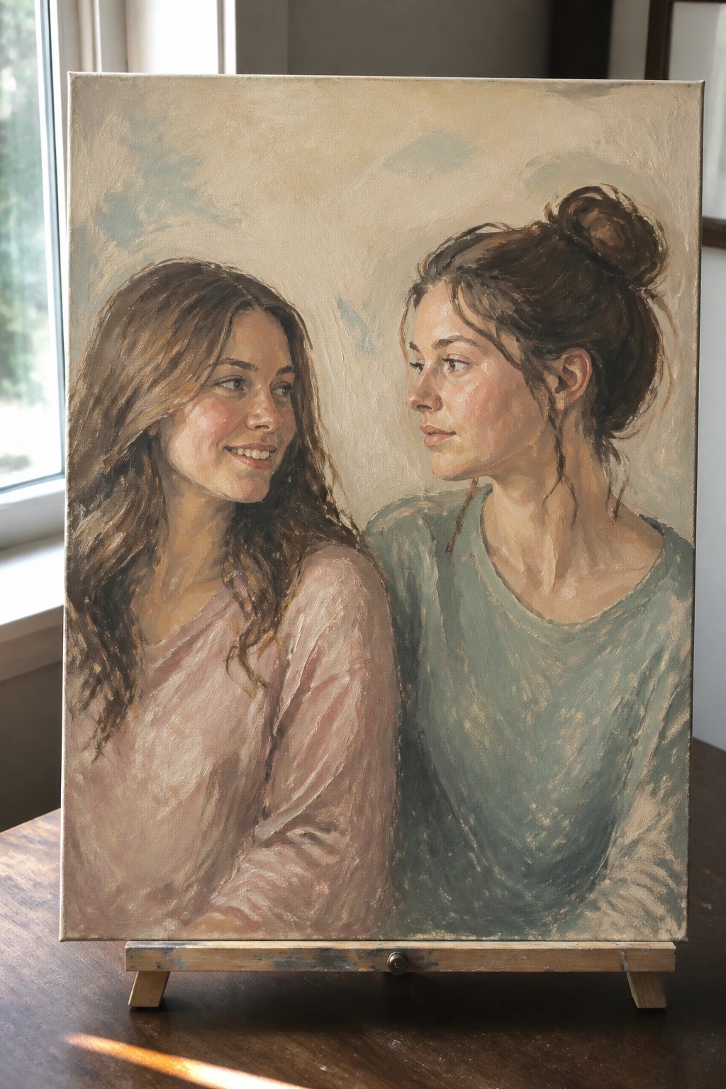Oil painting on easel of two women facing each other, one smiling in pink.