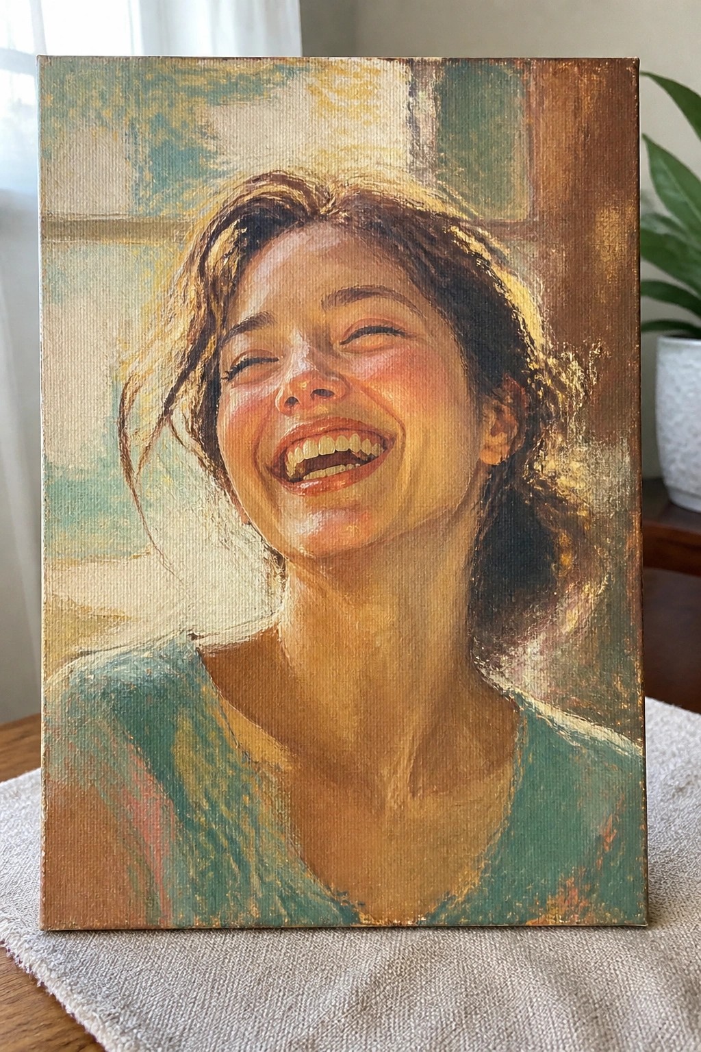 Impressionistic portrait of a joyful woman with brown hair laughing in a green top
