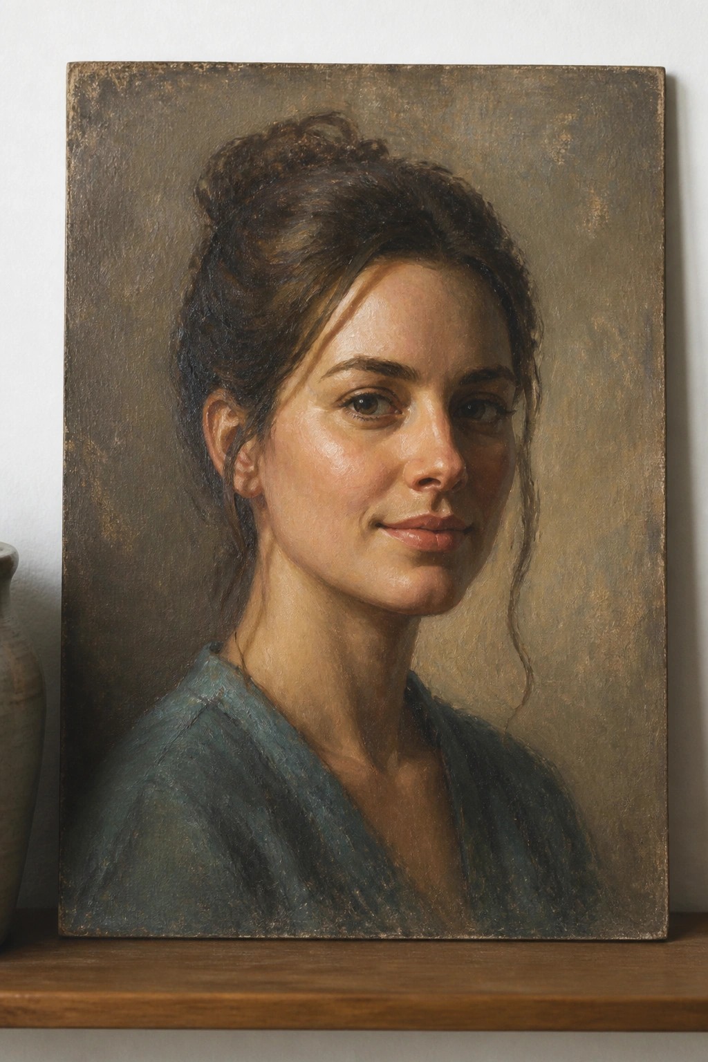Painting of smiling woman with dark hair in teal top on wooden shelf with vase