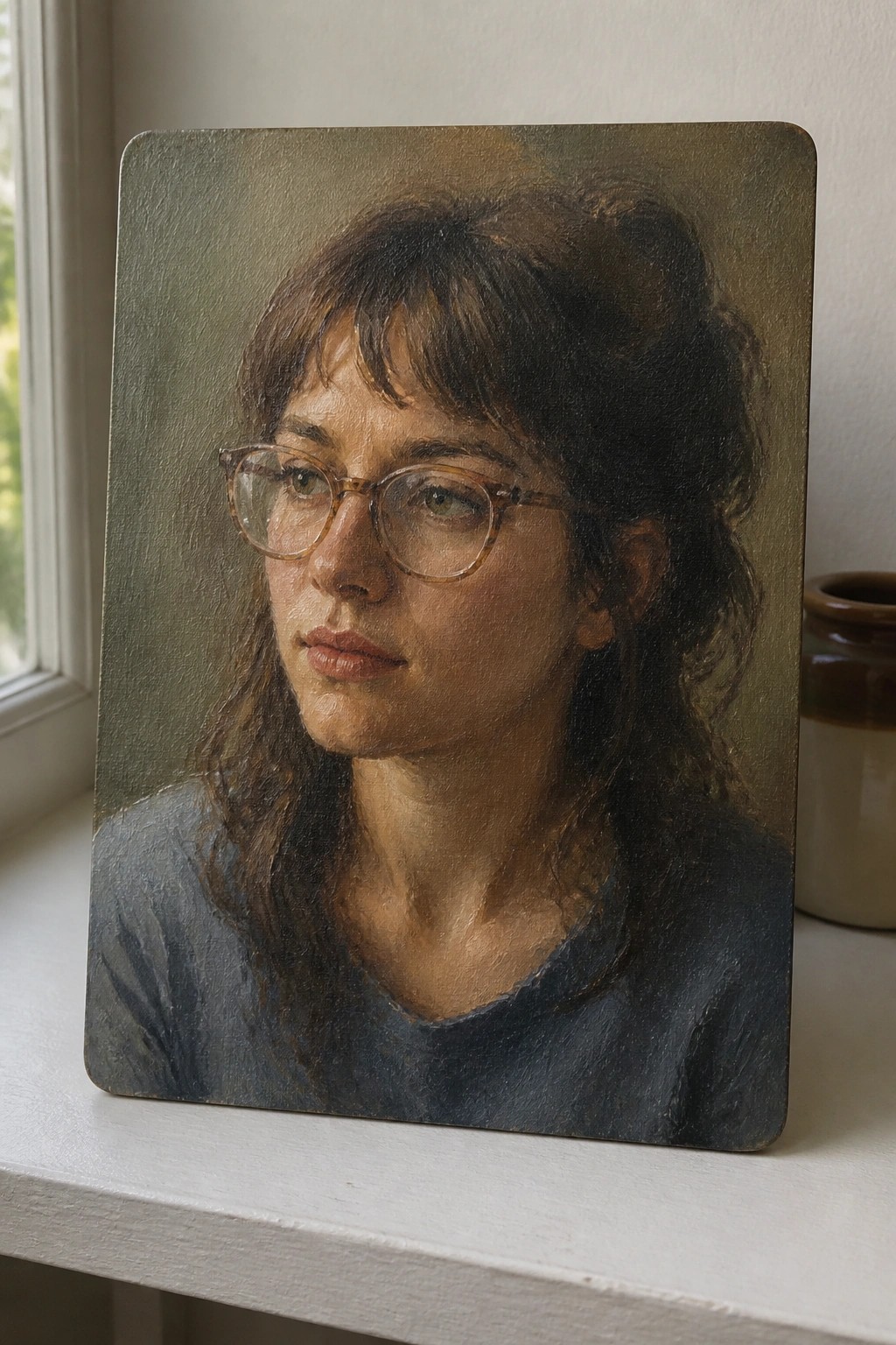 Realistic oil portrait of a woman with glasses and brown hair on a windowsill