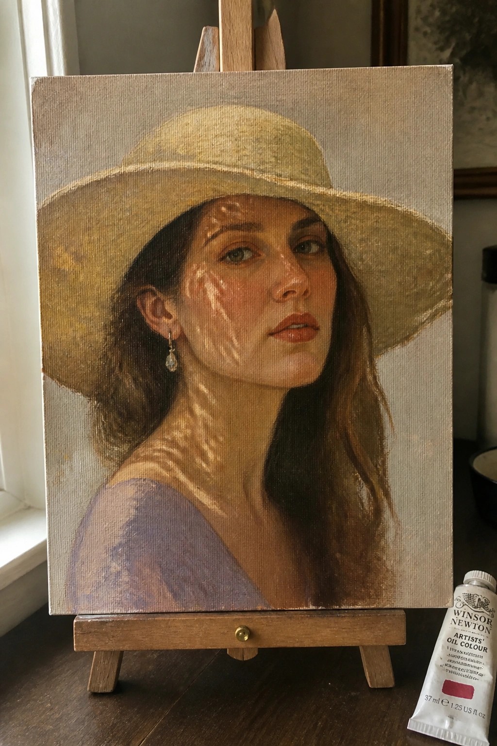 Oil portrait on easel shows woman in straw hat with dappled sunlight, paint tube nearby.
