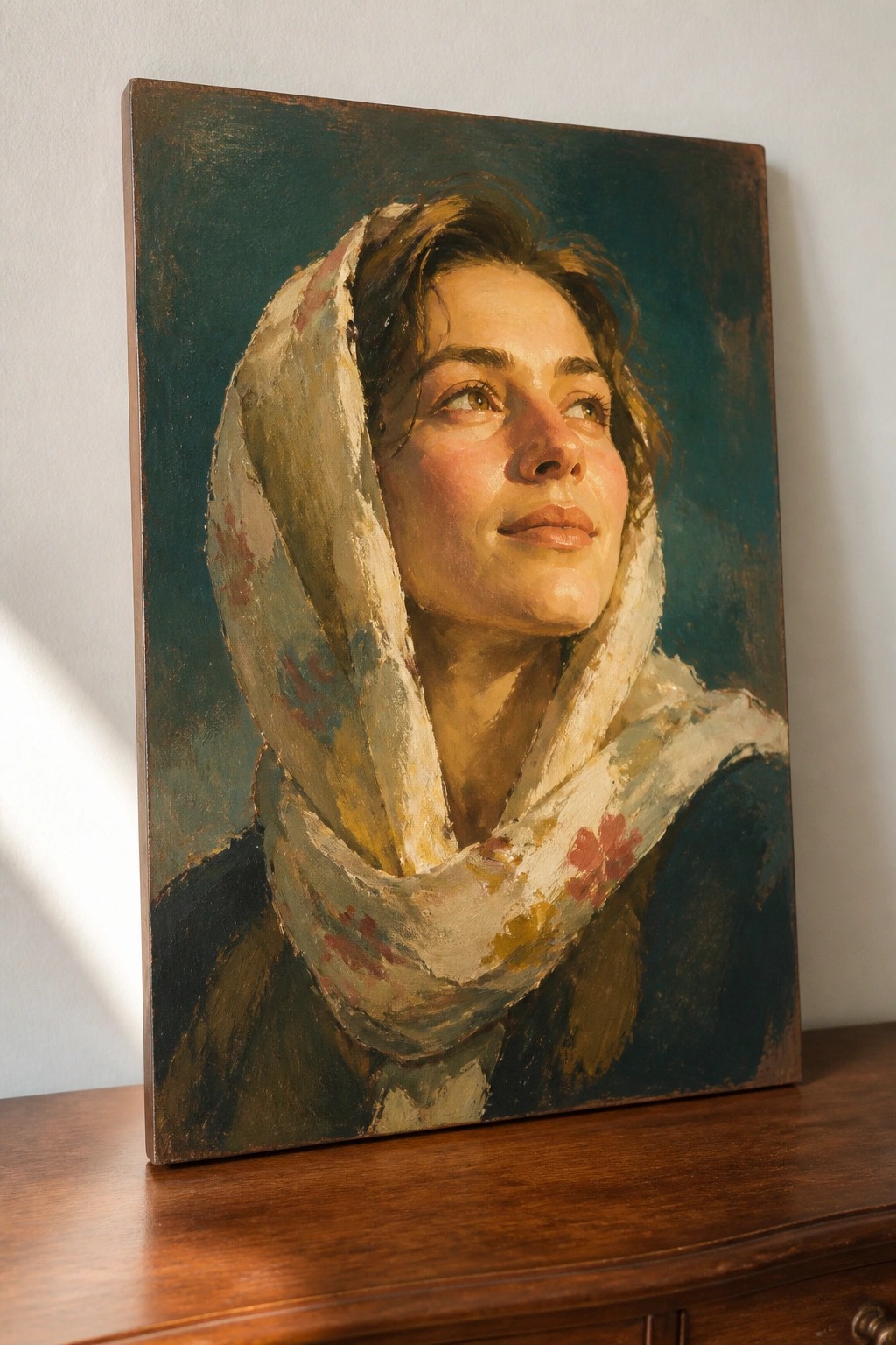 Oil painting of woman in floral headscarf gazing upward on teal background