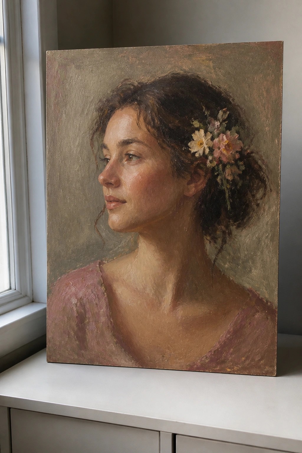 Side profile oil portrait of woman with flowers in dark hair wearing pink top near window.