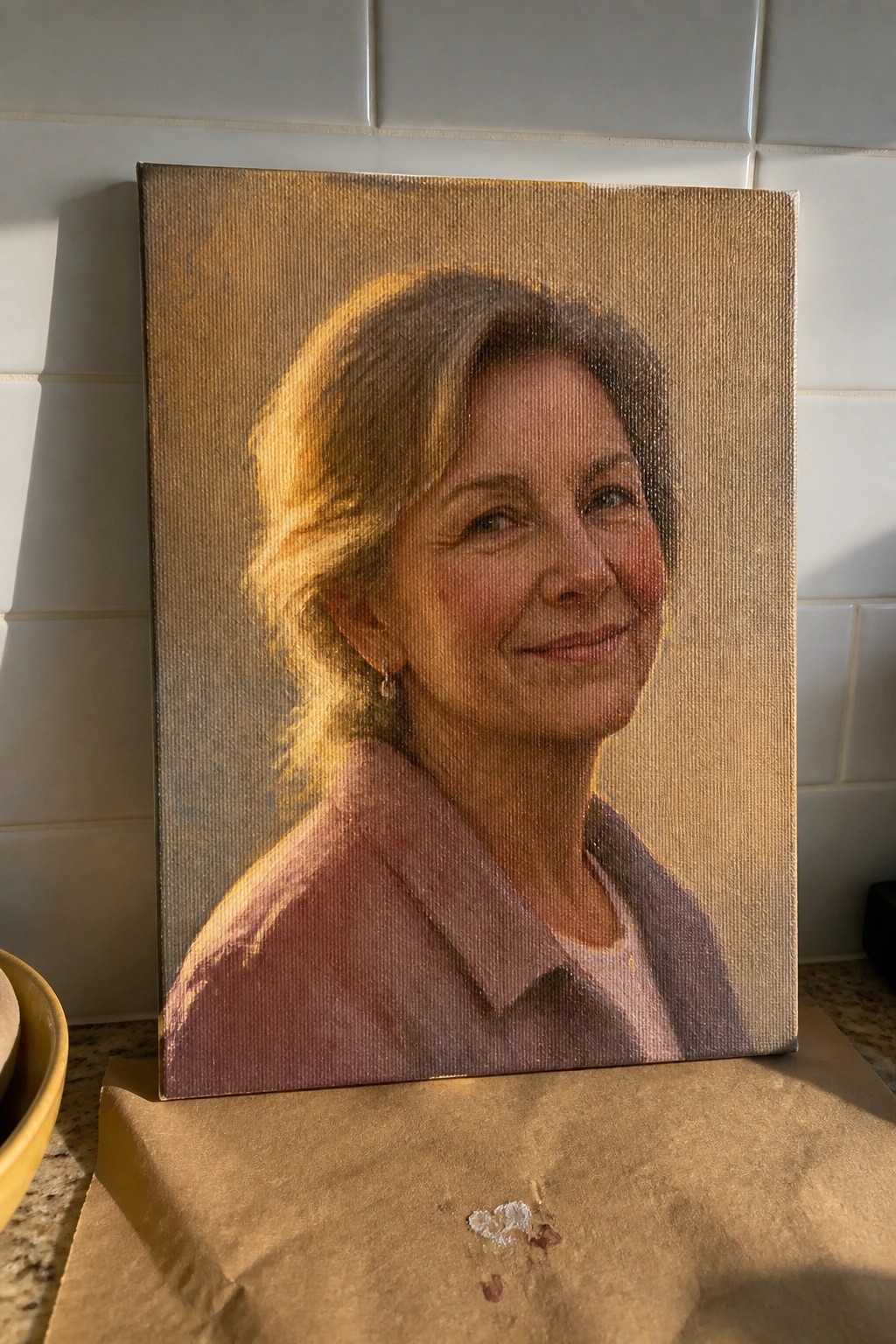 Portrait of smiling woman with light brown hair in pink collared shirt on canvas against tiles