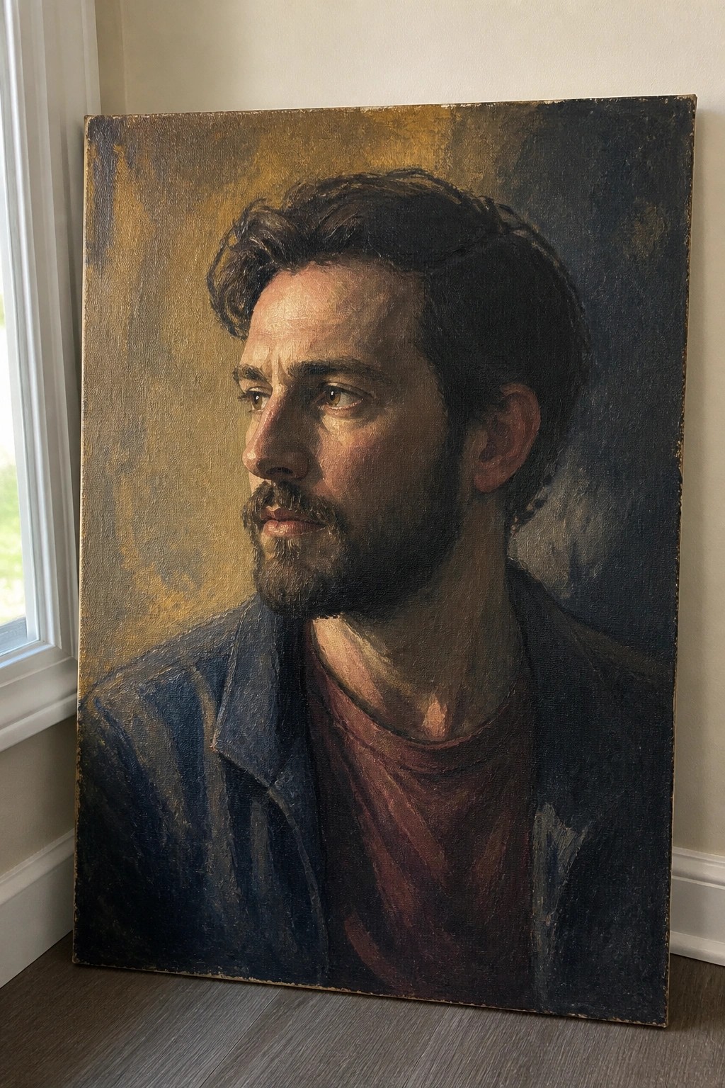 Realistic portrait of bearded man in blue jacket over red shirt, dark textured background.